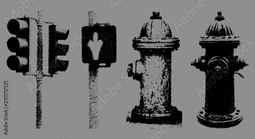 Traffic light, street sign, and fire hydrants in a set. Practical urban elements in a vector illustration.