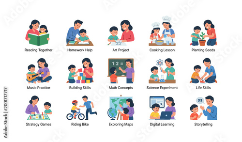 Parents and children doing learning activities on white background