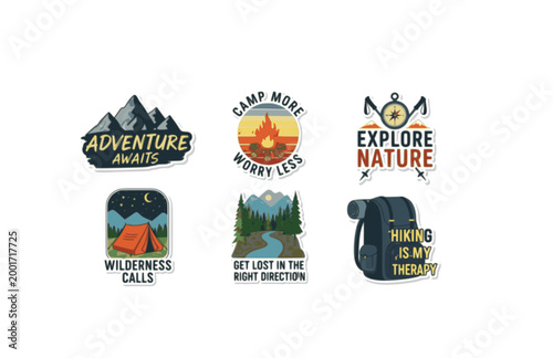 Outdoor Adventure Emblems Sticker Set. Flat Vector Hand Drawn Lettering for Hiking and Camping.