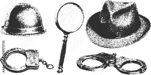 Vintage police accessories including a hat and handcuffs. Simple black and white vector illustration set.