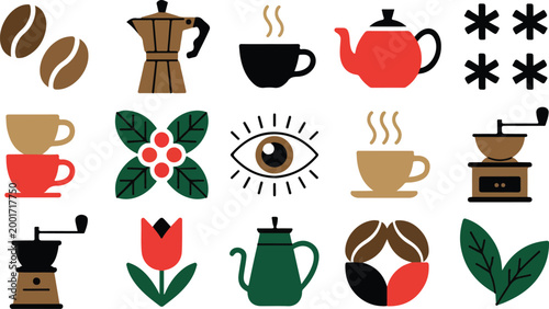 Specialty coffee icon set with Moka pot coffee beans and grinder