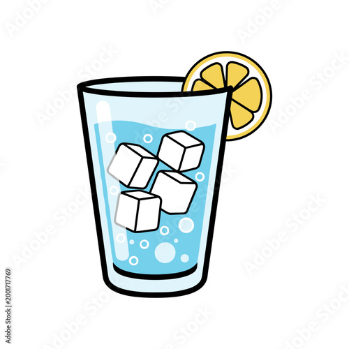 Refreshing glass of cold sparkling water with ice cubes and lemon garnish illustration