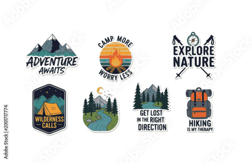 Outdoor Adventure Emblems Sticker Set. Flat Vector Hand Drawn Lettering for Hiking and Camping.