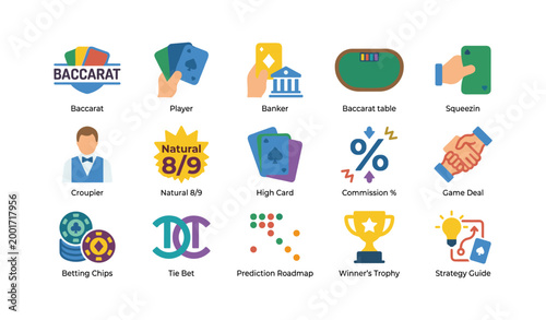 Baccarat icons displaying game elements on white background