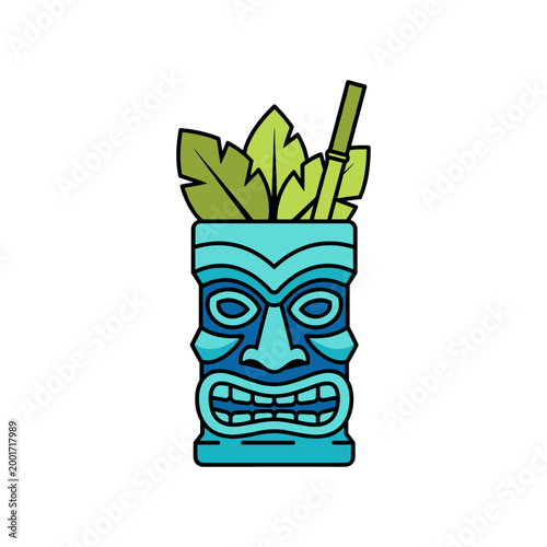 Blue tropical tiki cocktail mug with green leaves and straw illustration