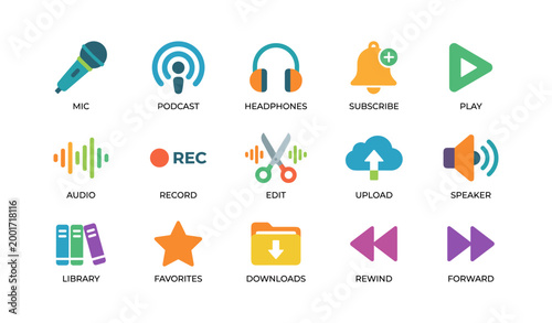 Audio and media icons representing podcast and playback on white grid