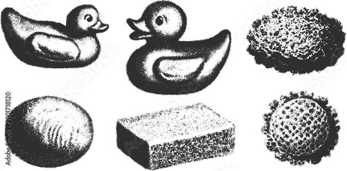 Rubber duck toy illustrations. Simple black and white vector set for playful decor or children?s products in a versatile design.