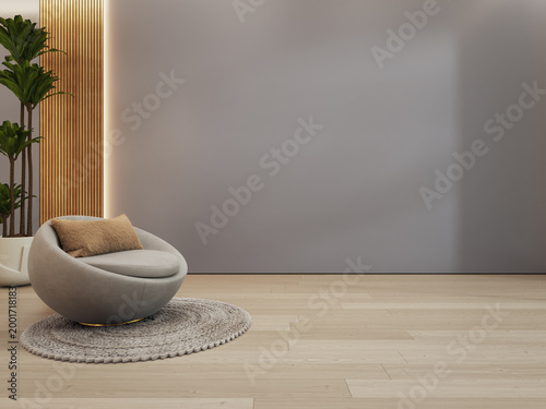 Minimalist living room with wooden floor in cozy interior 3d rendering. Armchair on round carpet and gray wall background.