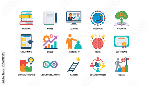 Education icons depicting learning activities and development