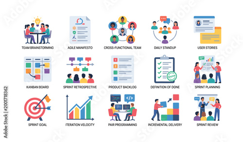 Agile concept icons illustrating team activities in grid