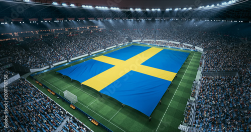 Photos Professional Stadium Soccer Game Championship With Flag of Sweden Spread Across the Pitch Before Football Match Start