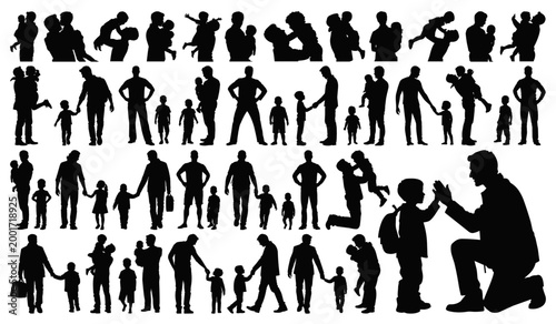 Father and Child Interaction Silhouette Big Collection, Vector Illustration Isolated on Transparent Background