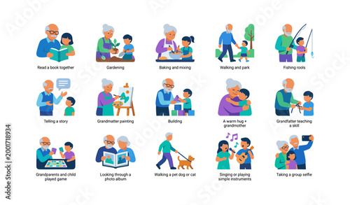 Grandparents and grandchildren doing activities in various settings