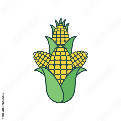 Stylized yellow corn cobs illustration with green husks on white background