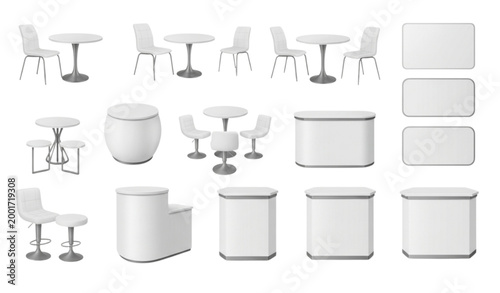 Realistic Trade Exhibition Chair Table Furniture Vector Set