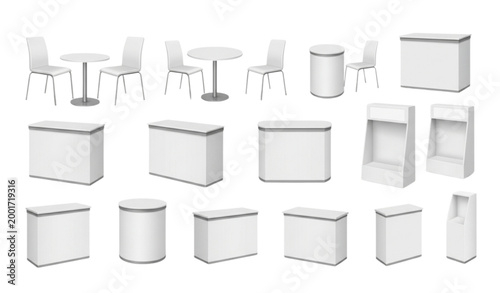 Realistic Trade Exhibition Chair Table Furniture Vector Set