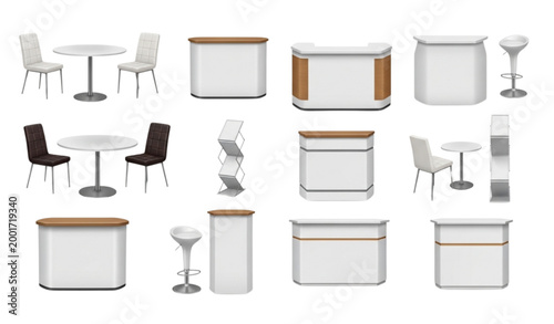 Realistic Trade Exhibition Chair Table Furniture Vector Set