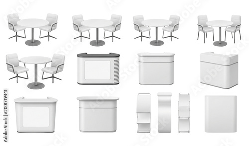 Realistic Trade Exhibition Chair Table Furniture Vector Set