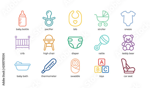 Baby care icons showing common nursery items and essentials