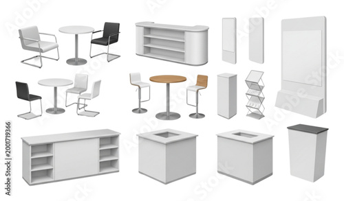 Realistic Trade Exhibition Chair Table Furniture Vector Set