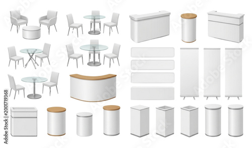 Realistic Trade Exhibition Chair Table Furniture Vector Set