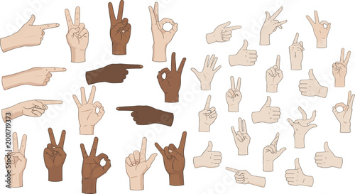 Diverse Hand Gesture Collection Featuring Multiple Skin Tones with Pointing, Peace Sign, OK Symbol, Thumbs Up, and Communication Signs in Flat Style for Inclusive Design.