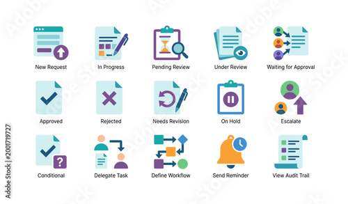 Workflow and approval icons arranged in grid on white background