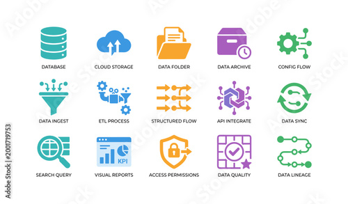 Data and integration icons arranged in grid on white background