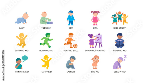 Children activity icons showing kid actions on white backdrop
