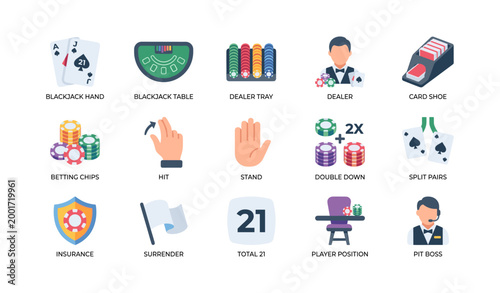 Blackjack game icons showing cards chips and dealer on white background