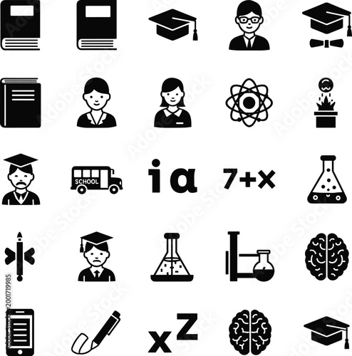 Educational and academic icons set featuring students, books, science experiments, brain, and school learning tools
