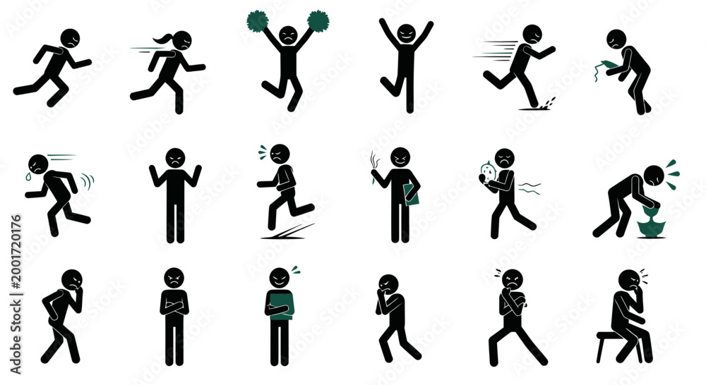 Fototapeta premium Stick Figure Emotions and Actions Collection: Running, Jumping, Thinking, Sadness