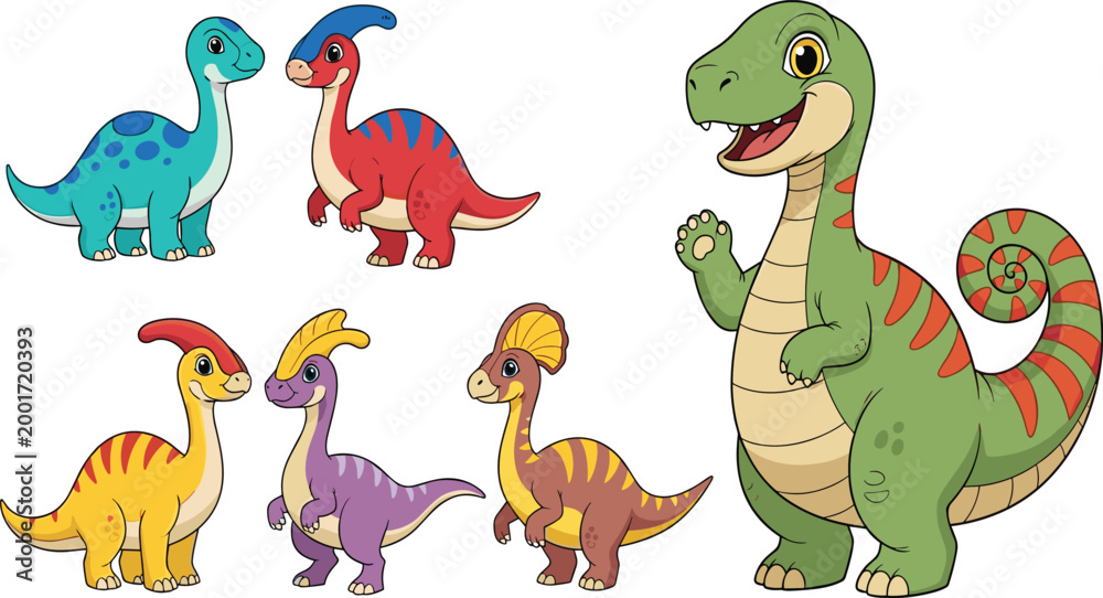 Fototapeta premium Cute Cartoon Baby Dinosaur Characters Set – Colorful Friendly Dino Collection Illustration
