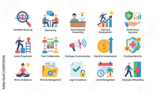 Set of hr icons showing recruitment and employee processes