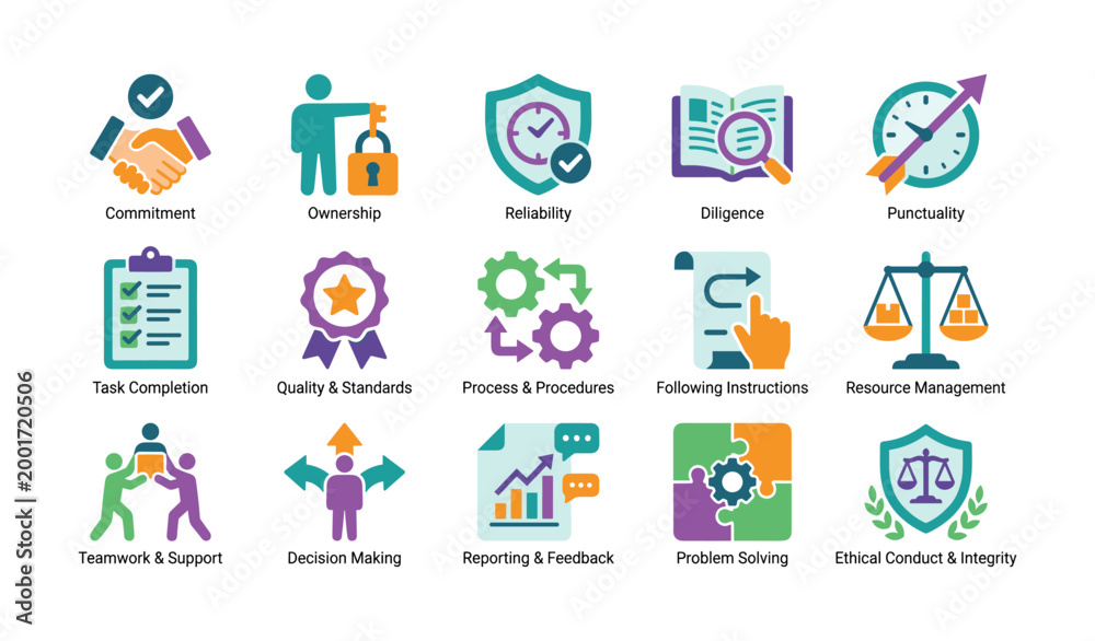Fototapeta premium Workplace values and responsibility icons on white background