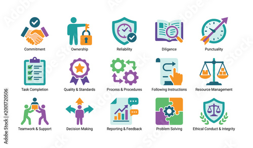 Workplace values and responsibility icons on white background