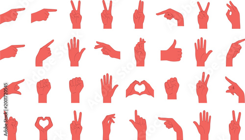 Red Hand Gesture Silhouette Collection Featuring Pointing, Peace Sign, Thumbs Up, Heart Shape, and Communication Symbols in Flat Minimal Style for UI Design.