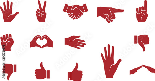 Red Hand Gesture Silhouette Icon Set Featuring Thumbs Up, Peace Sign, Handshake, Pointing, and Communication Symbols in Flat Minimal Style for UI Design.