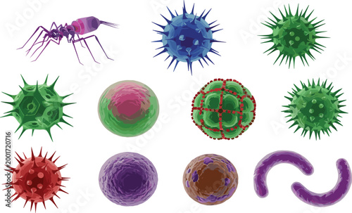 Virus and Bacteria Microorganism Collection Featuring Germ Cells, Pathogens, and Microbes in Detailed Scientific Illustration Style for Medical, Healthcare, and Biology Design.