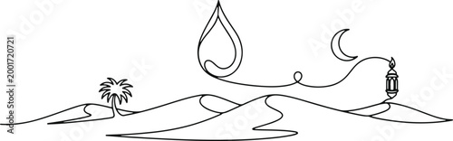 Desert landscape with palm tree, crescent moon, lantern, and a drop of water, symbolizing hope and life.