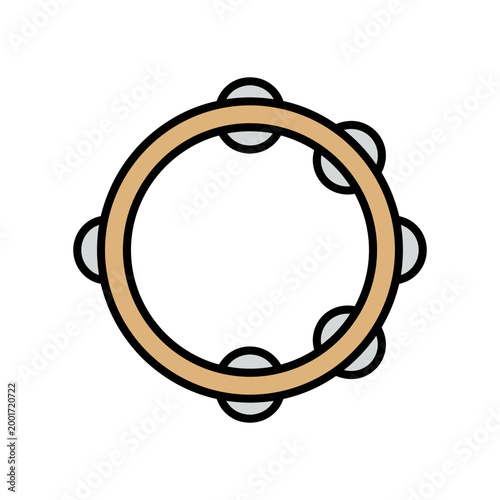 Minimalist tambourine vector icon featuring a wooden frame and metal jingles