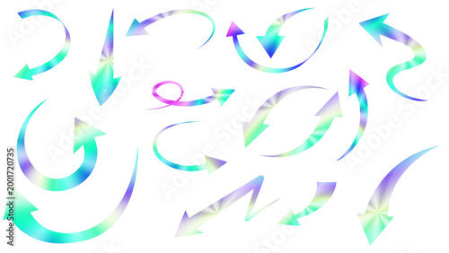 Holographic vector arrows set, iridescent chrome pointers and symbols, futuristic y2k directional elements isolated on transparent background, PNG format