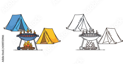 Camping Trip Vector Illustration with Tents and BBQ Grill, Outdoor Adventure Concept with Coloring Page Outline Version, Equipment for Travel and Leisure Activities in Flat Design Style