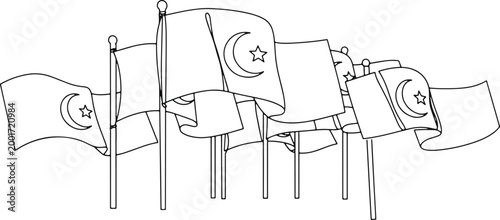 Group of flags with crescent moon and star emblem waving against transparent background vector illustration outline.