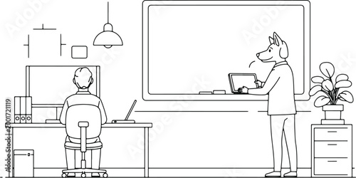 Office scene with a person at a desk and a dog-headed person teaching at a whiteboard transparent background.