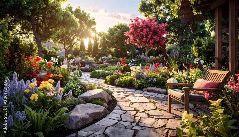 Fototapeta premium A Serene Garden Path - Stone Walkway Through Lush Greenery and Flowers.