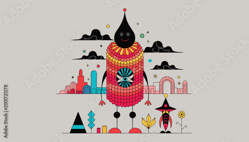 A fun cartoon set of vector art illustrations featuring a princess and her castle with holiday party decorations, winter trees, and a celebration hat for a child's birthday card design