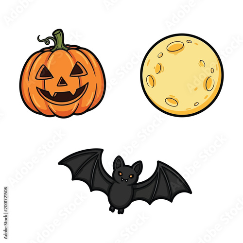 Cartoon Halloween Icons, Jack O Lantern Pumpkin, Full Moon, and Bat on White Background