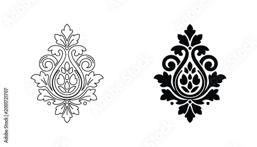 Decorative paisley floral motif element in black and white vector style for traditional textile patterns or elegant graphic design projects