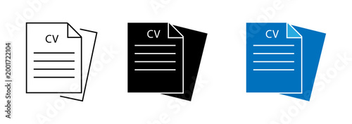 CV Resume Document Icon Set in Outline, Solid, and Blue Styles